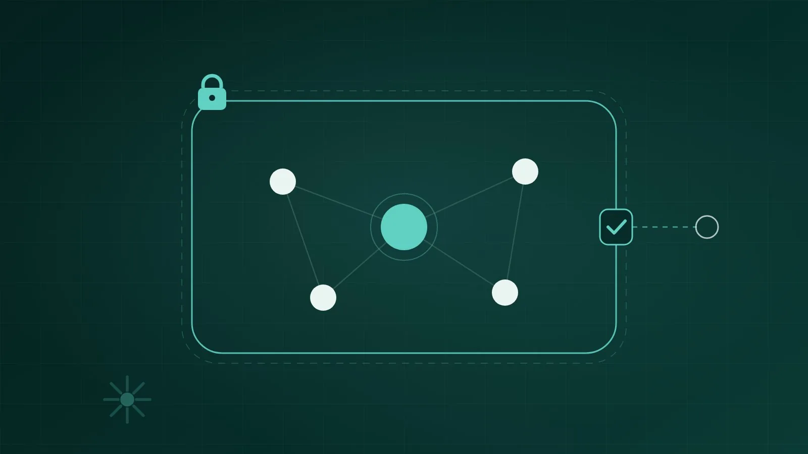 Abstract diagram of AI agents operating inside a mint guardrail boundary on a dark teal background