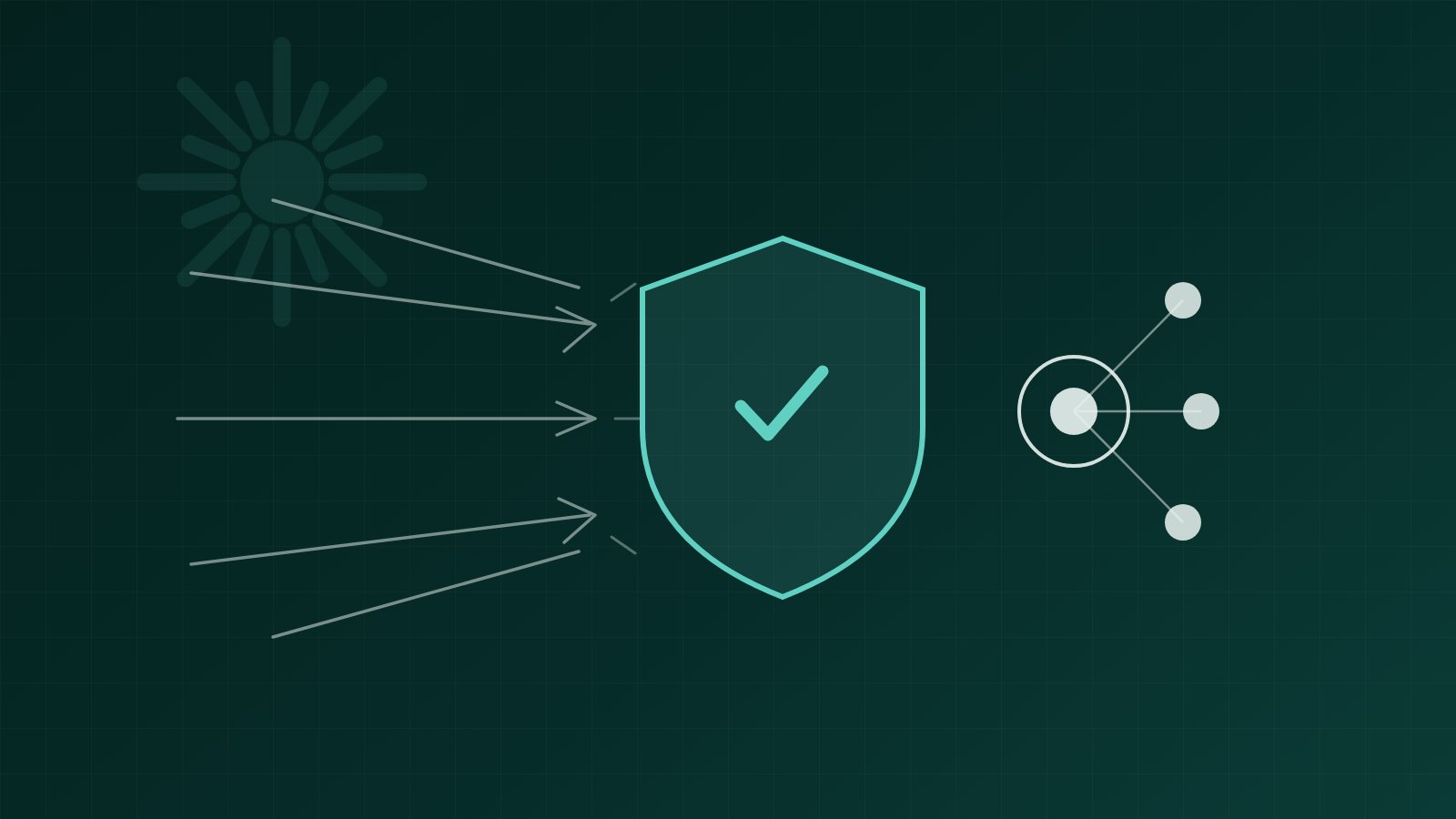 Abstract diagram of an AI agent behind a mint shield boundary blocking untrusted instructions, on a dark teal background