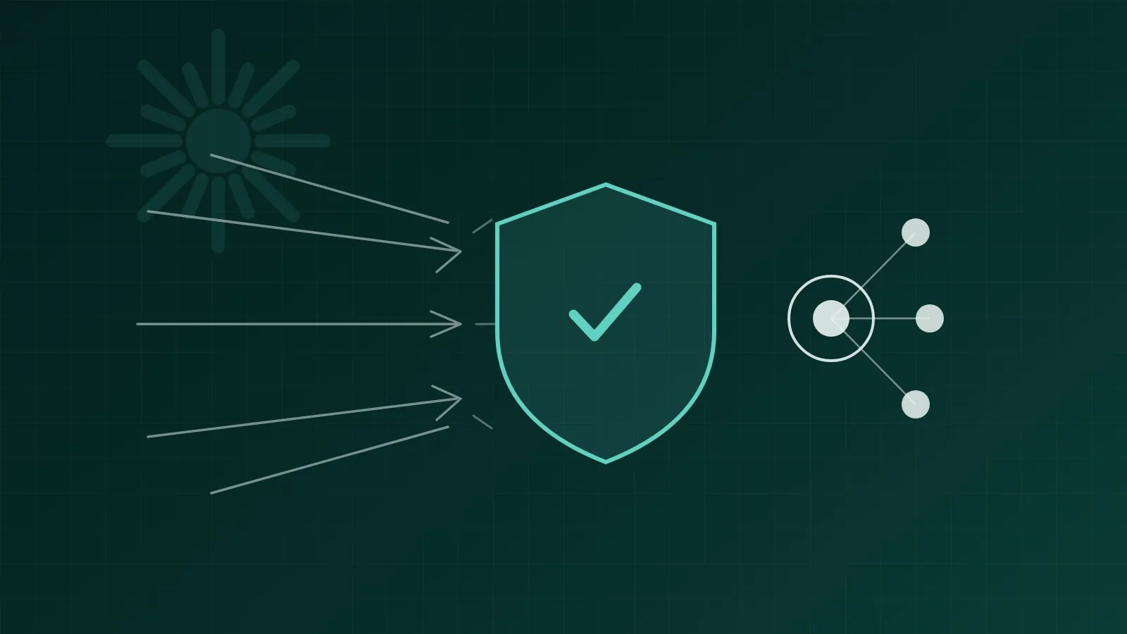 Abstract diagram of an AI agent behind a mint shield boundary blocking untrusted instructions, on a dark teal background