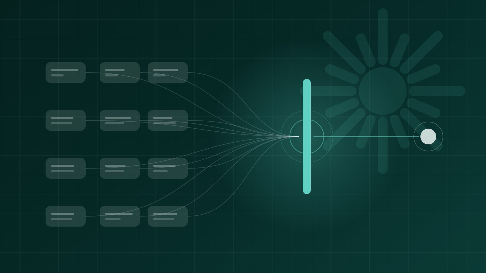Abstract diagram of automated search monitoring tasks flowing into a single mint approval gate on a dark teal background