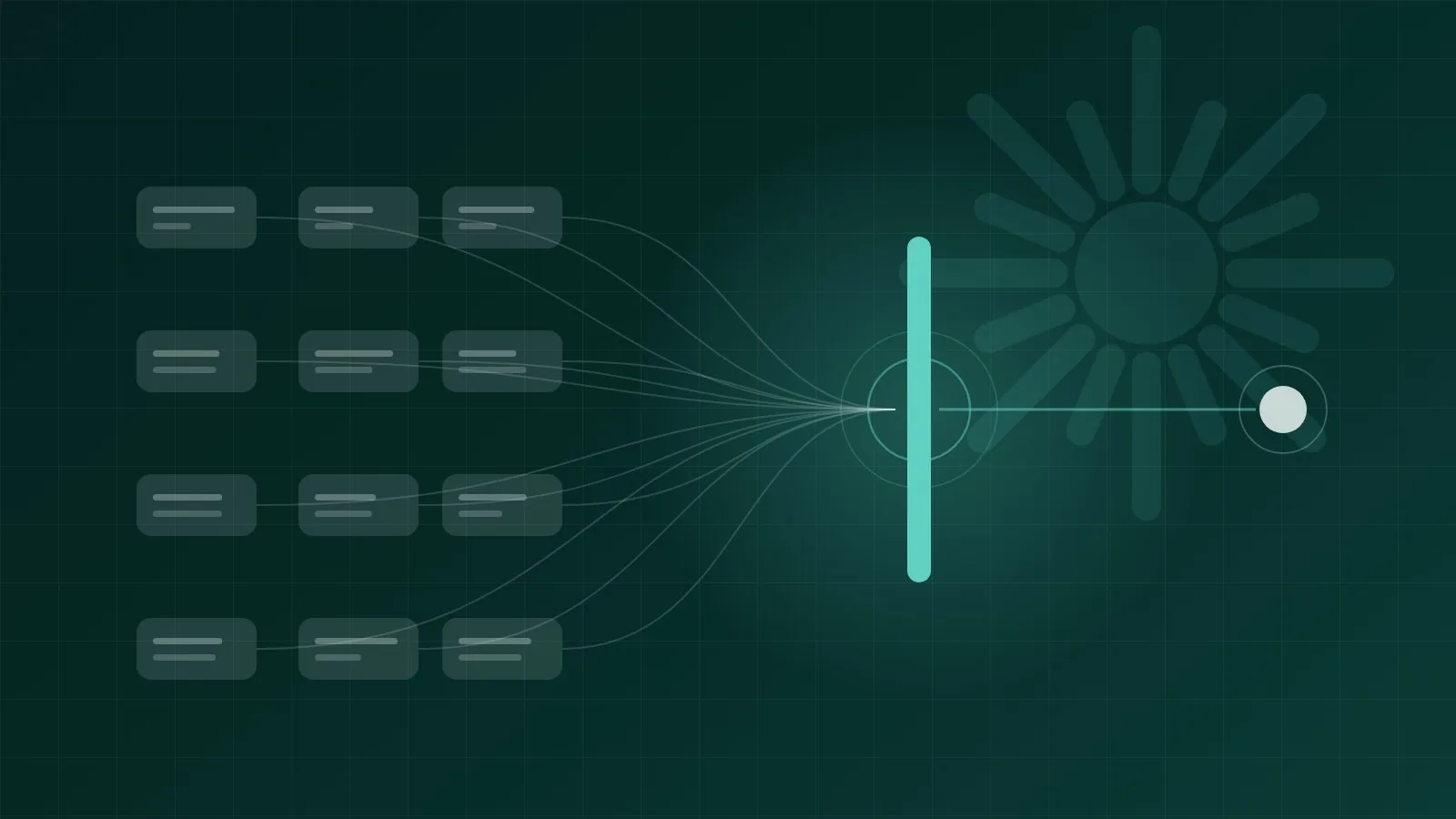 Abstract diagram of automated search monitoring tasks flowing into a single mint approval gate on a dark teal background