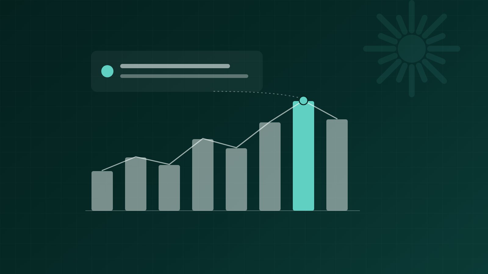 Abstract diagram of business data turning into a single plain-language answer with a mint highlight, on a dark teal background