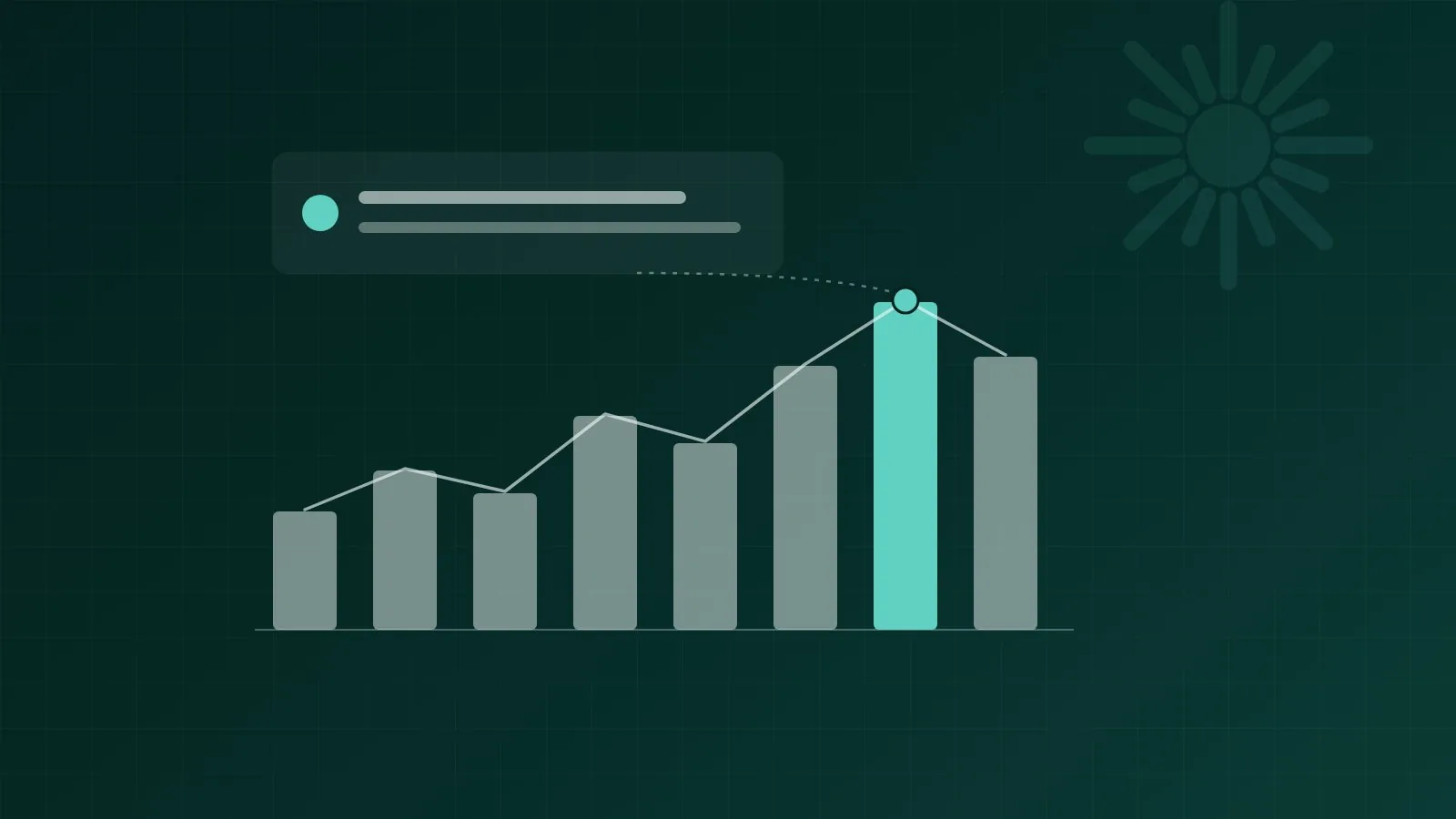 Abstract diagram of business data turning into a single plain-language answer with a mint highlight, on a dark teal background