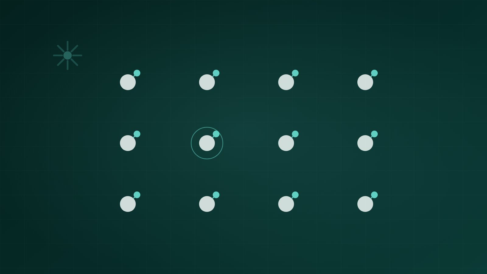 Abstract grid of light nodes each paired with a small mint agent dot, representing employees with personal AI agents, on dark teal