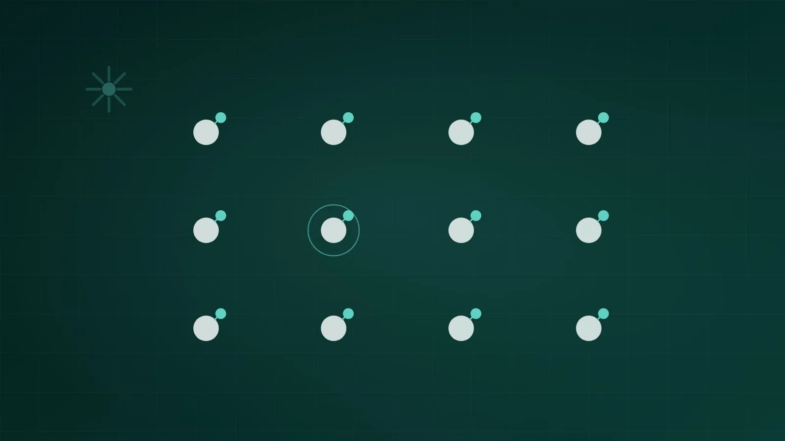 Abstract grid of light nodes each paired with a small mint agent dot, representing employees with personal AI agents, on dark teal