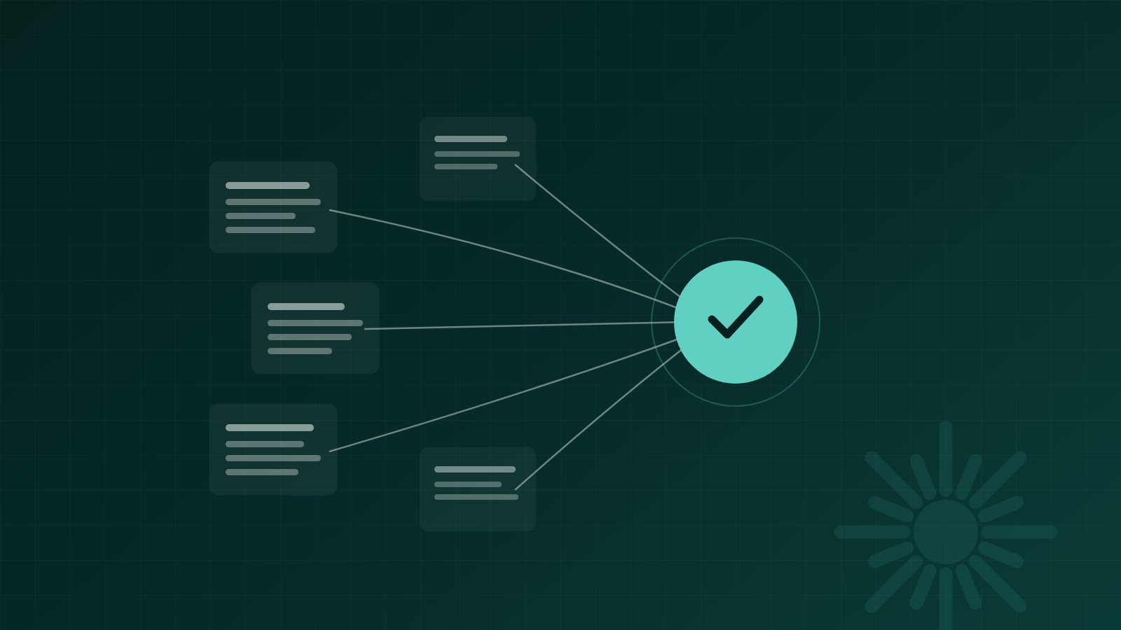 Abstract diagram of an AI assistant retrieving answers from a company's own documents, with a mint citation link, on a dark teal background