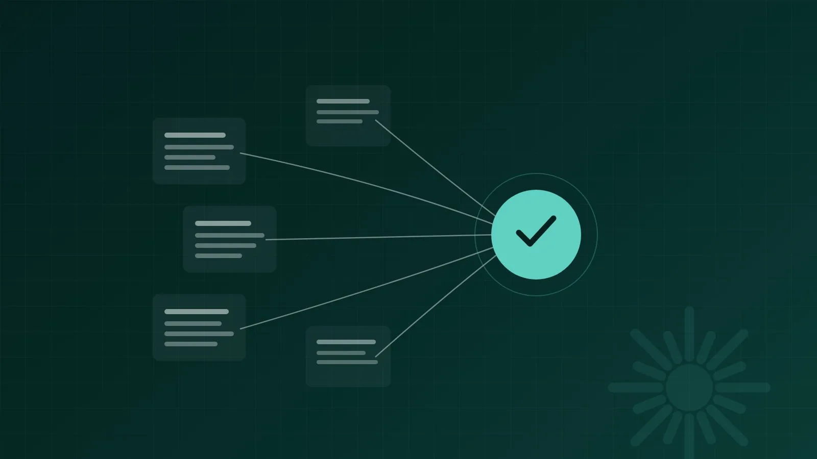 Abstract diagram of an AI assistant retrieving answers from a company's own documents, with a mint citation link, on a dark teal background