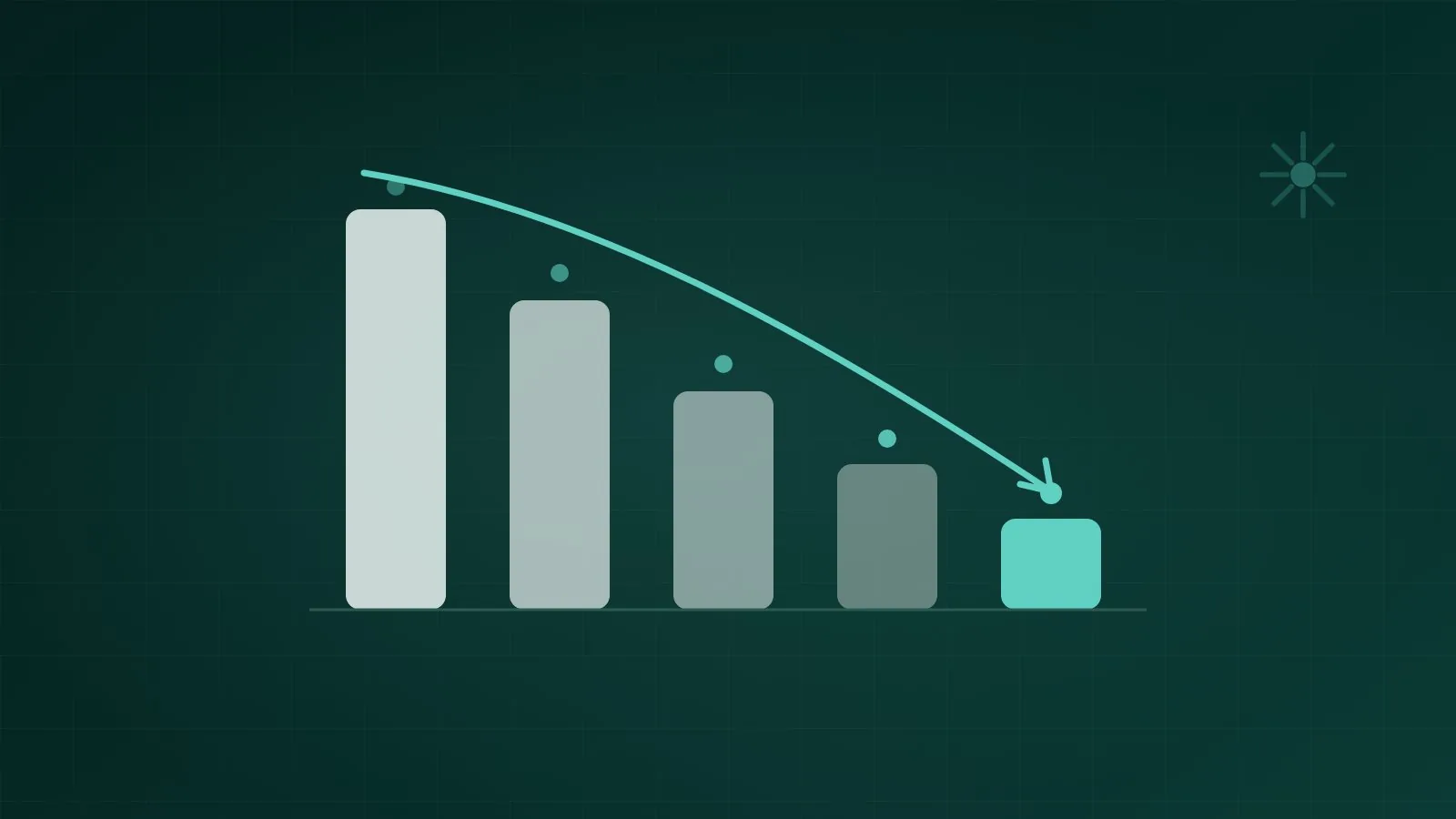 Abstract chart of descending cost bars with a mint trend line falling, on a dark teal background