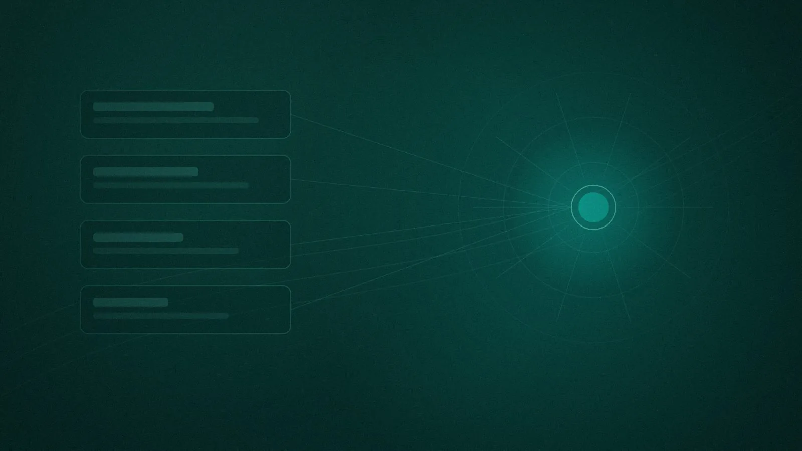 Abstract search result list flowing into a radiant AI answer node, representing GEO and AEO