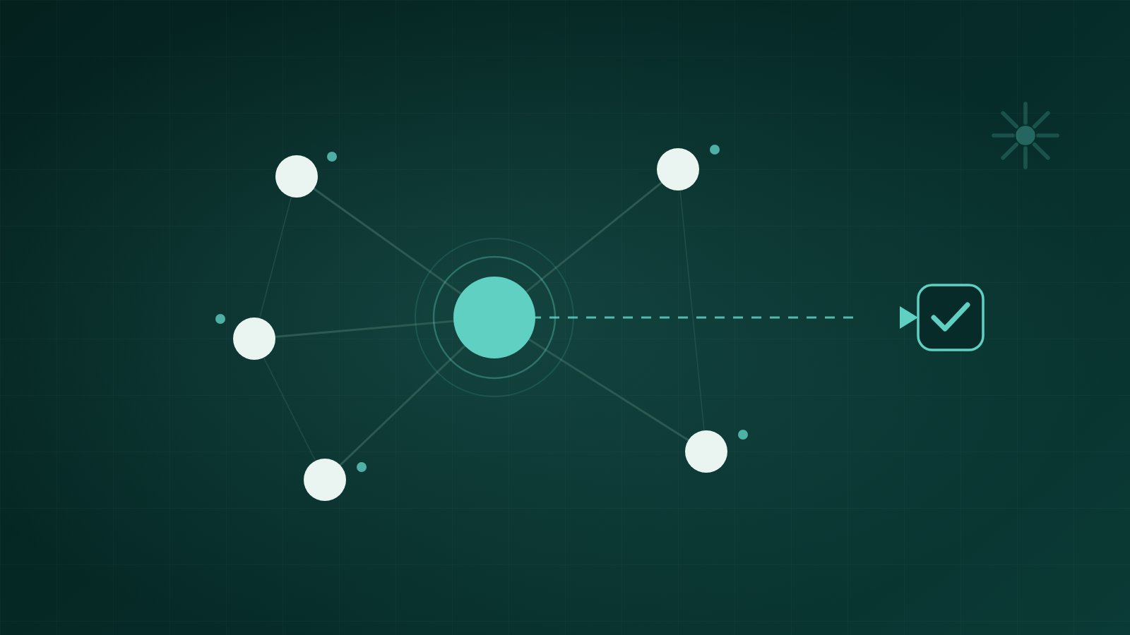 Abstract hub-and-spoke illustration of an orchestrator coordinating specialist AI agents, mint on dark teal