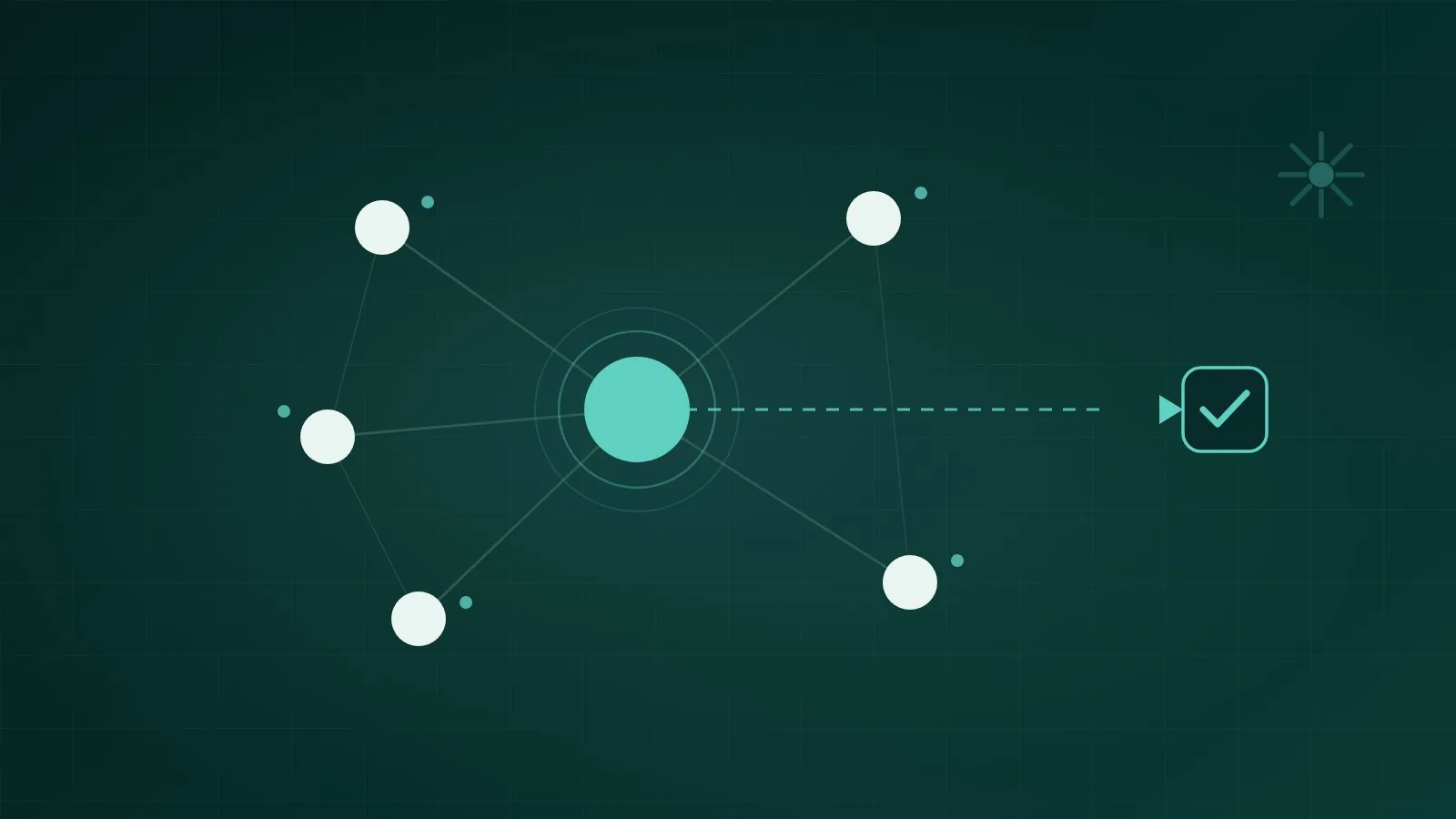 Abstract hub-and-spoke illustration of an orchestrator coordinating specialist AI agents, mint on dark teal