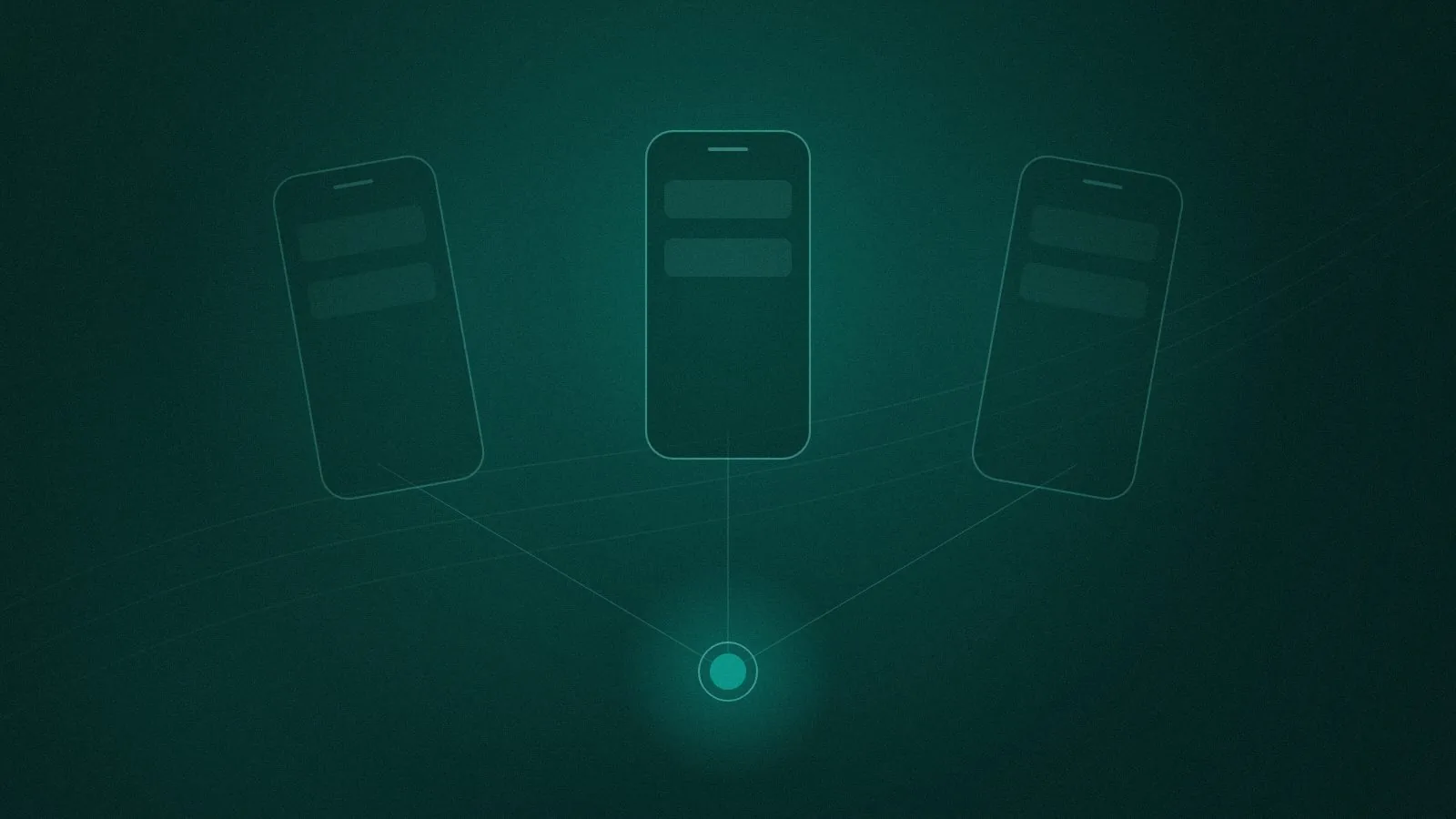 Abstract three phone outlines sharing one code core, representing native and cross-platform app choices