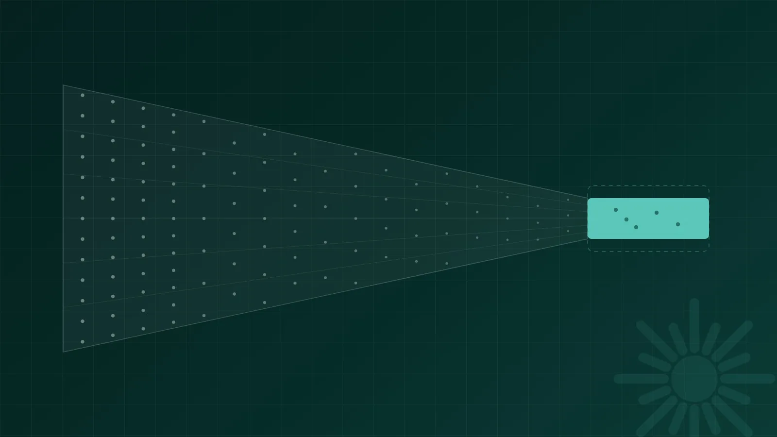 Abstract chart of pale published articles against a much smaller mint band of articles that actually rank, on a dark teal background
