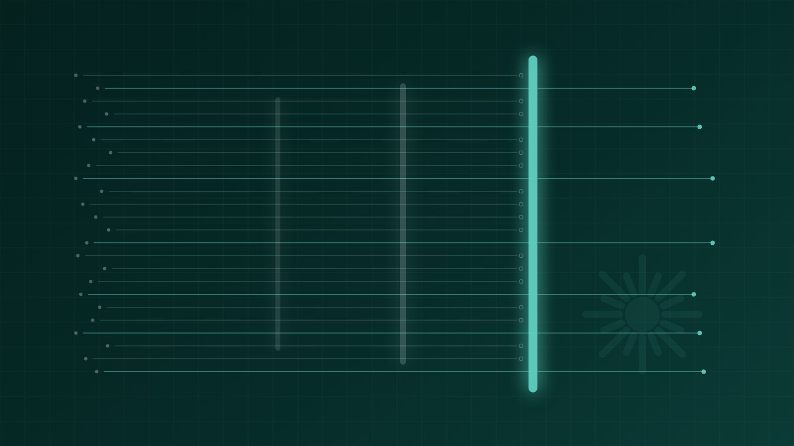 Abstract diagram of AI crawler requests flowing through three access layers, with most stopped at a mint enforcement gate on a dark teal background