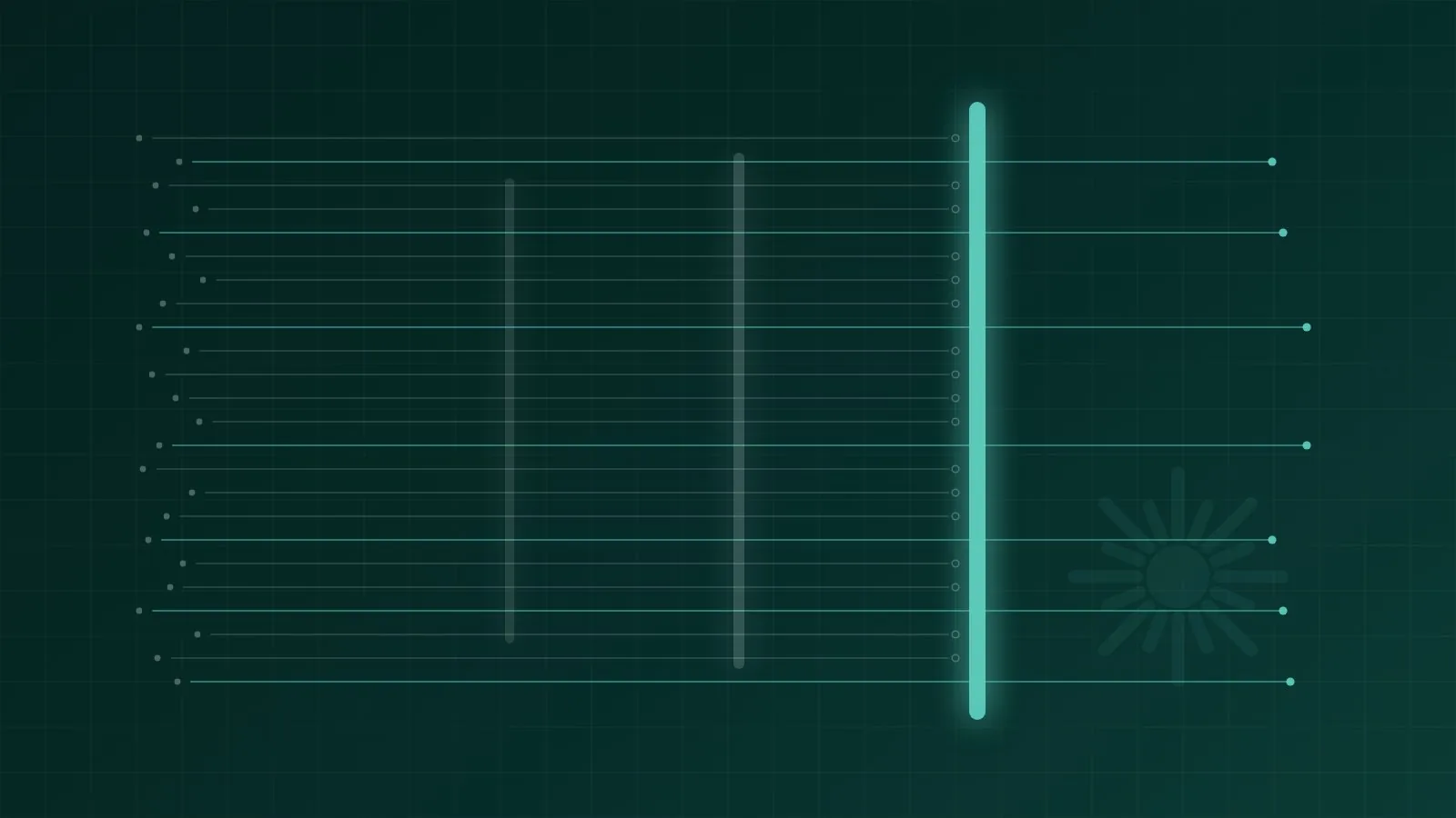 Abstract diagram of AI crawler requests flowing through three access layers, with most stopped at a mint enforcement gate on a dark teal background