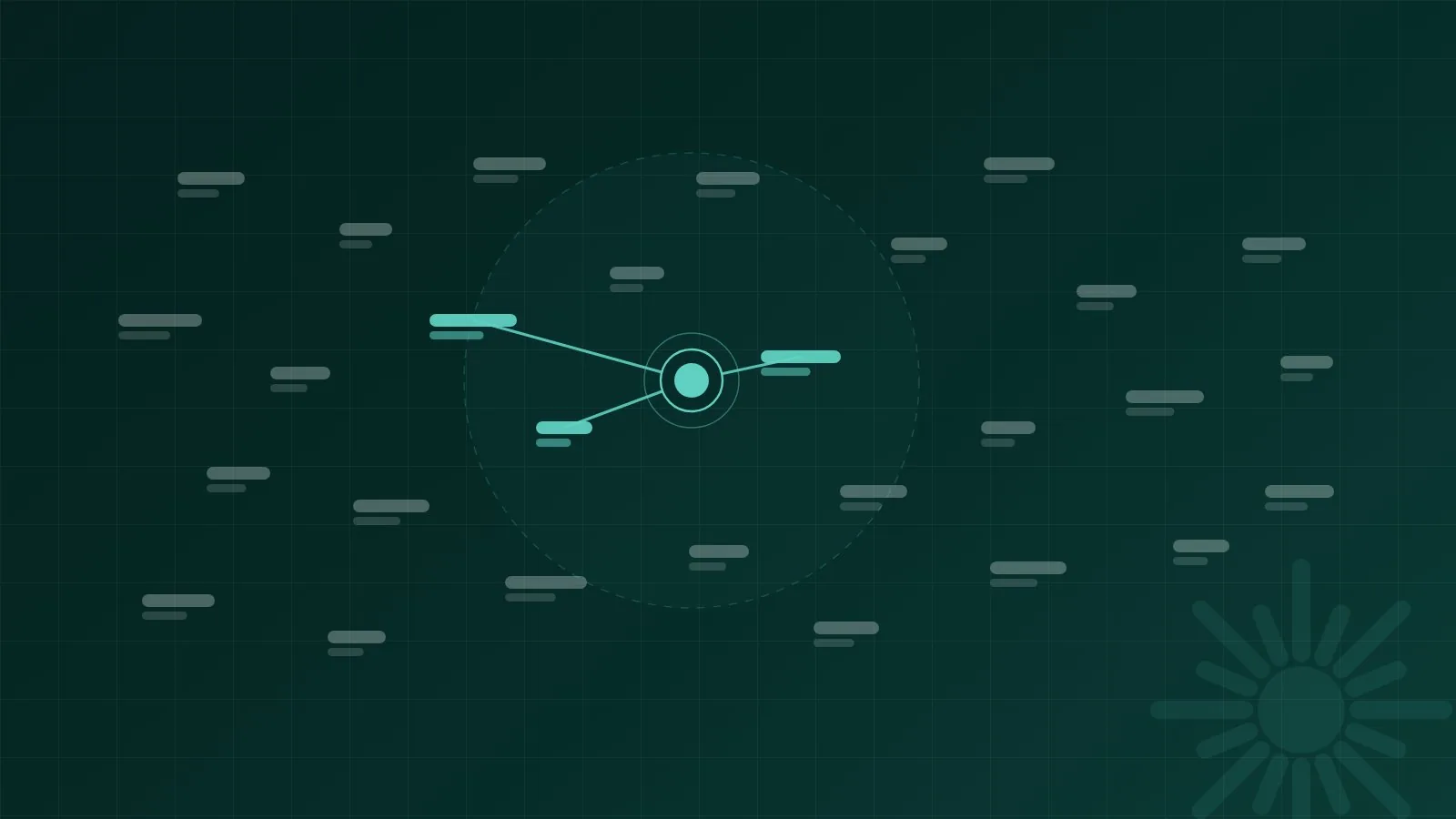 Abstract cluster of pale content passages on a dark teal background with one mint query line drawing three related passages together