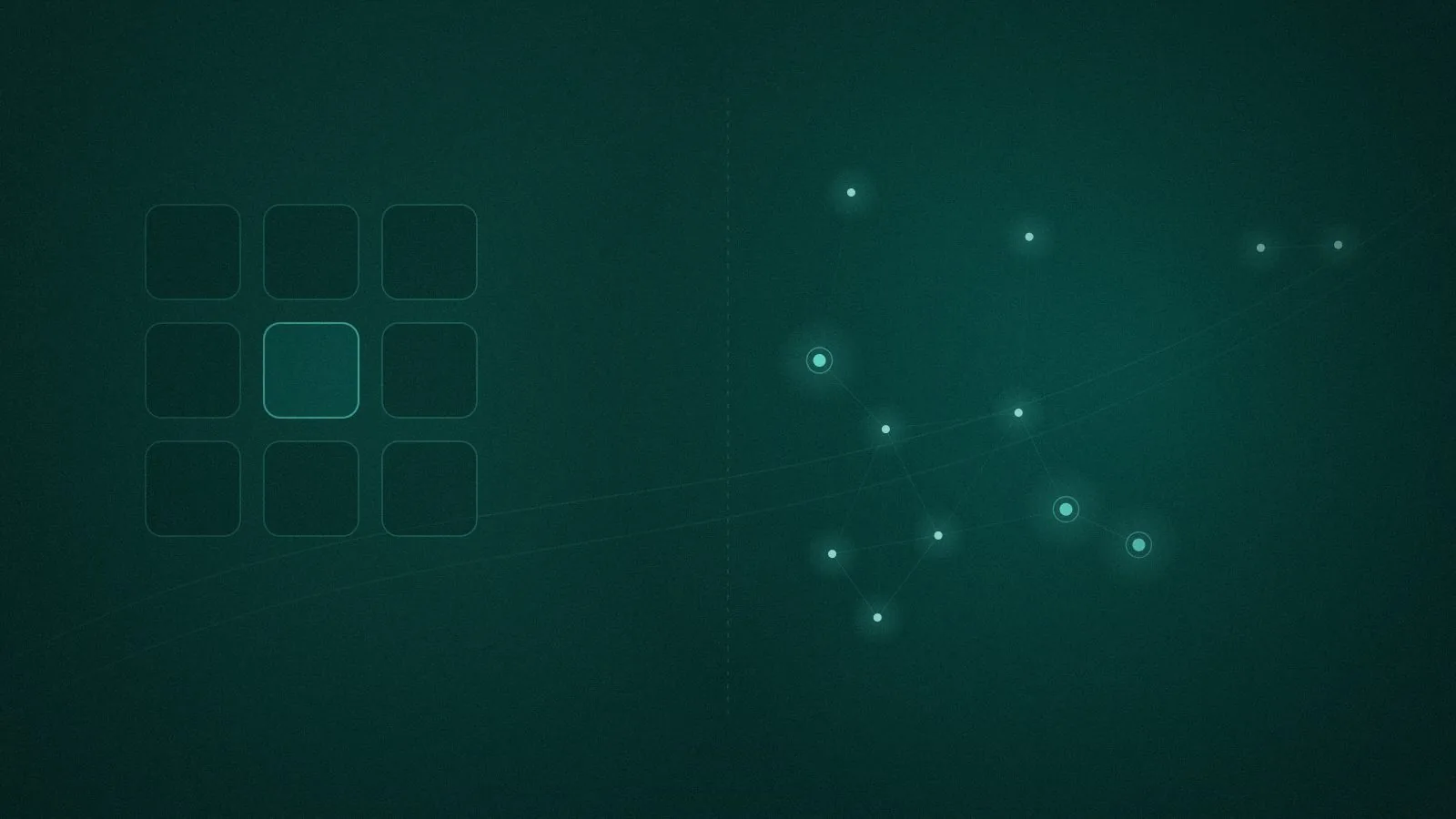 Abstract ordered block grid beside a freeform node mesh, representing WordPress versus custom builds