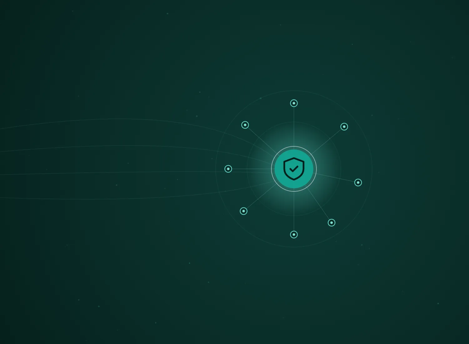 Abstract teal hub-and-spoke network with the AI Governance & Compliance icon at its center, by 313 Automations