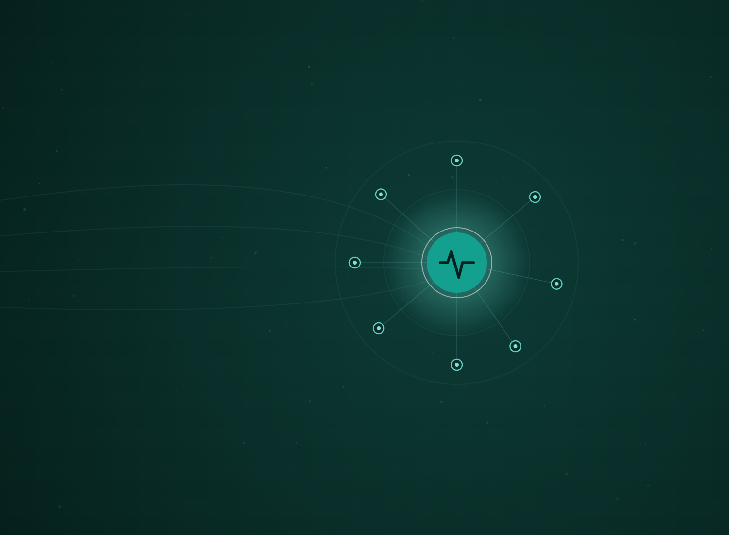 Abstract teal hub-and-spoke network with the Managed AI & Monitoring icon at its centre, by Rhino Automations