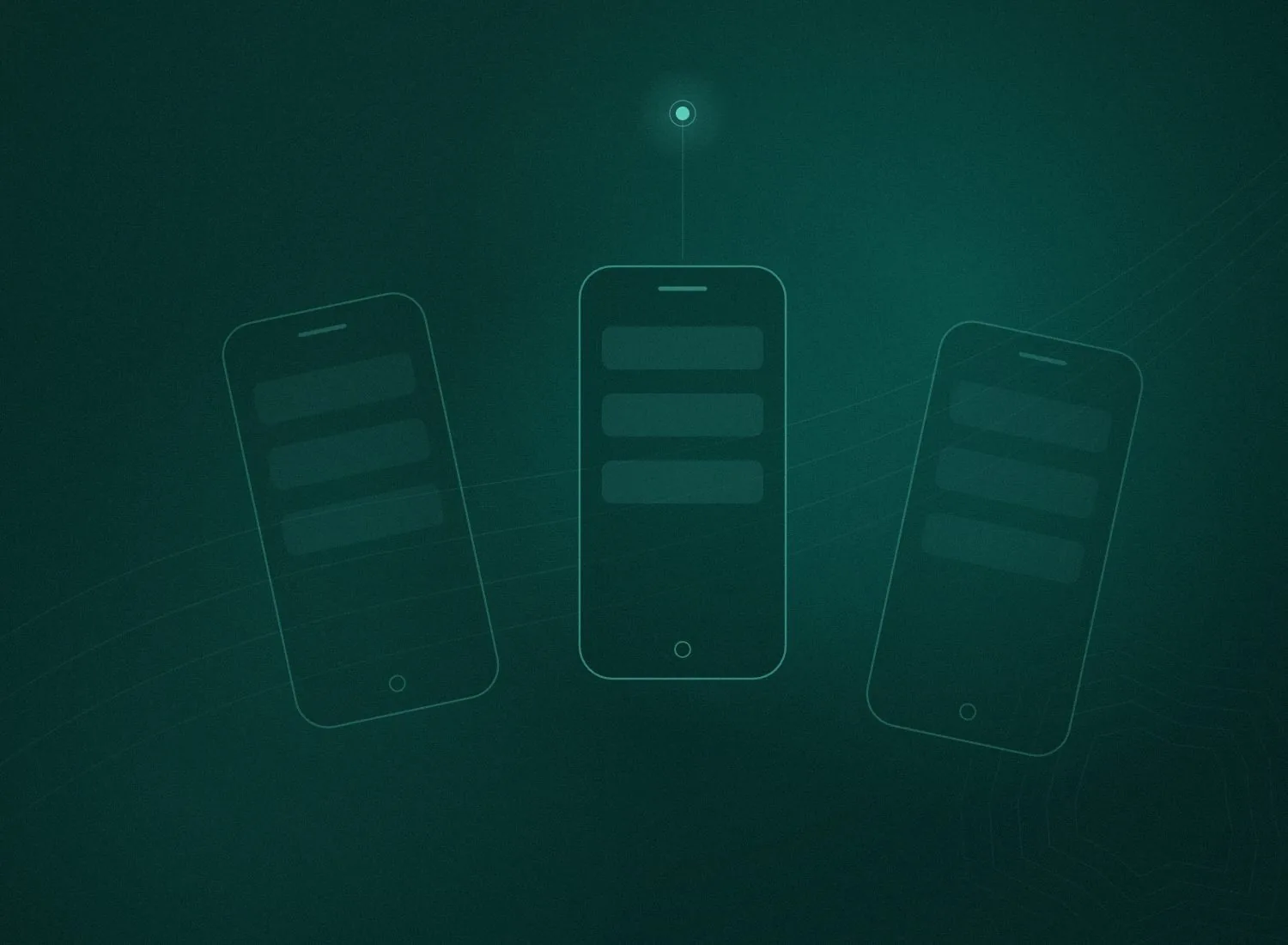 Abstract trio of phone outlines linked to a single core, representing mobile app development