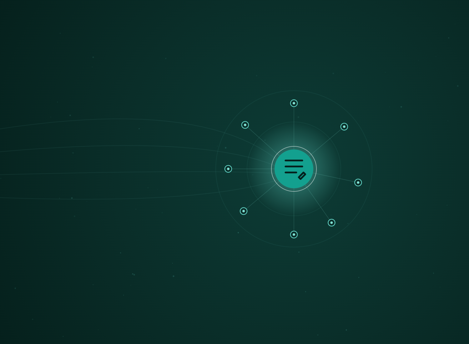 Abstract teal hub-and-spoke network with the WordPress Blogs & Publishing icon at its centre, by Rhino Automations