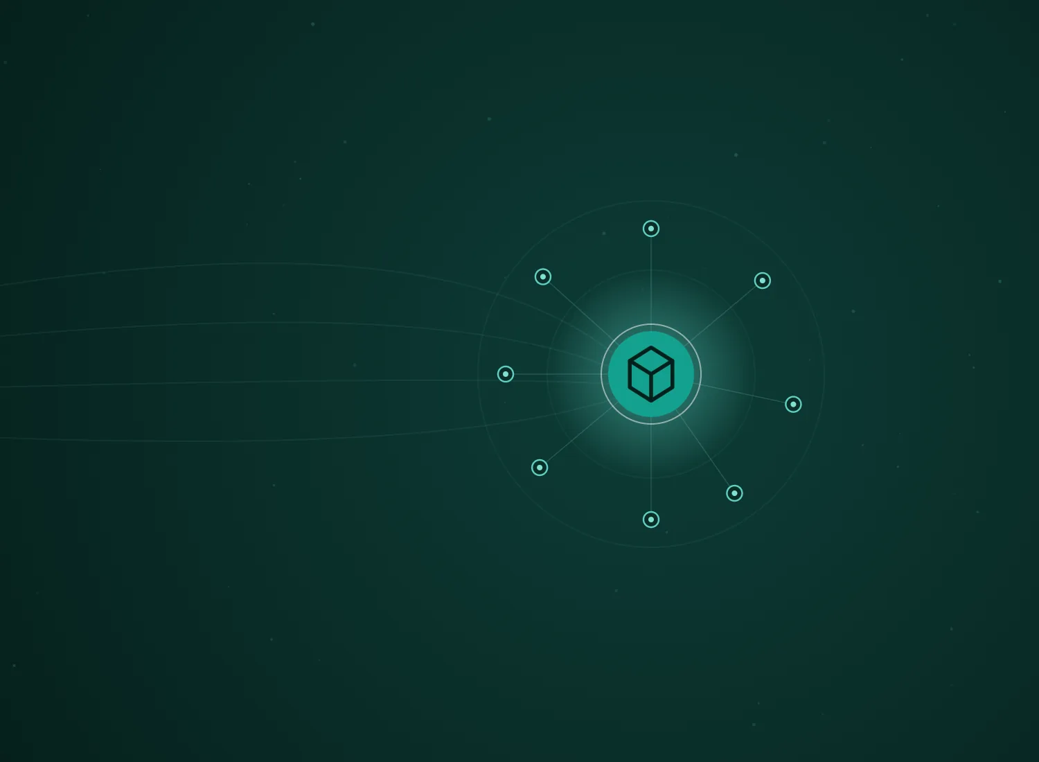 Abstract teal hub-and-spoke network with the Magento Development icon at its center, by 313 Automations