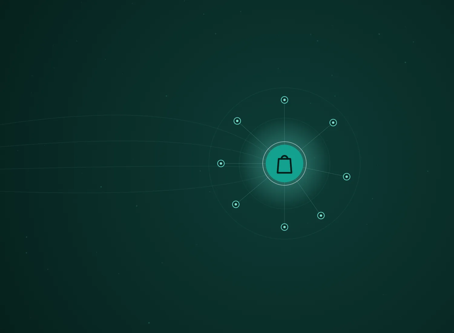 Abstract teal hub-and-spoke network with the Shopify Development icon at its center, by 313 Automations