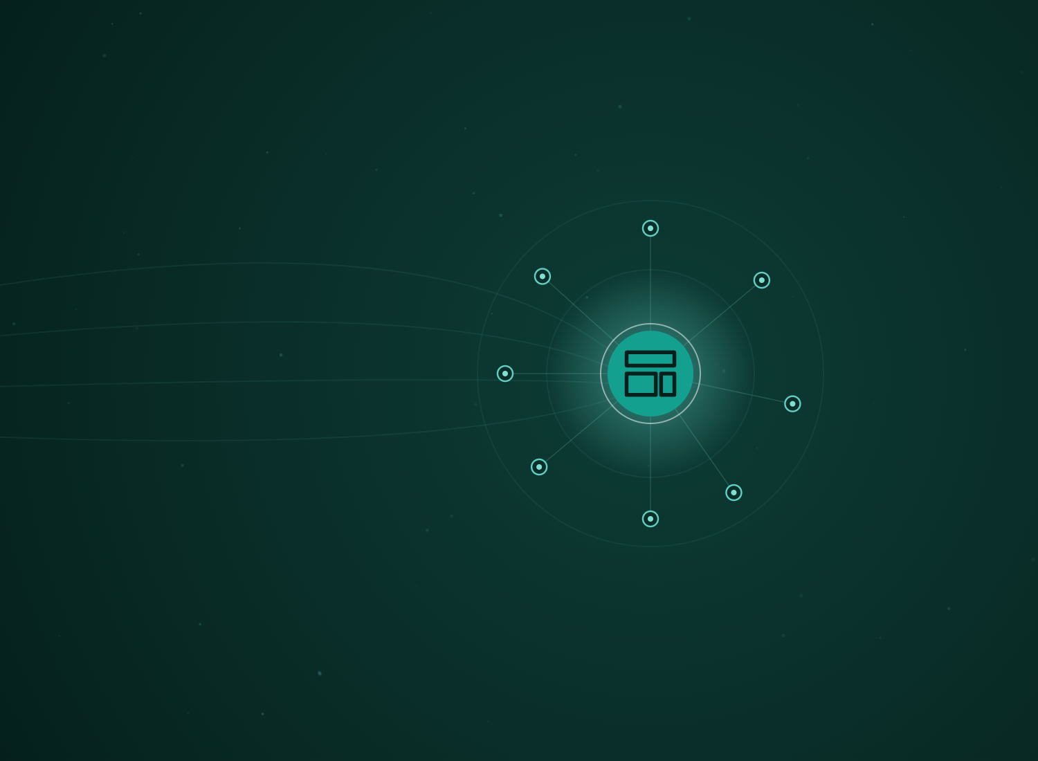 Abstract teal hub-and-spoke network with the Webflow Development icon at its centre, by Rhino Automations