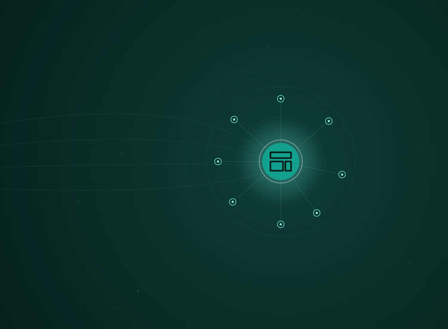 Abstract teal hub-and-spoke network with the Webflow Development icon at its center, by 313 Automations