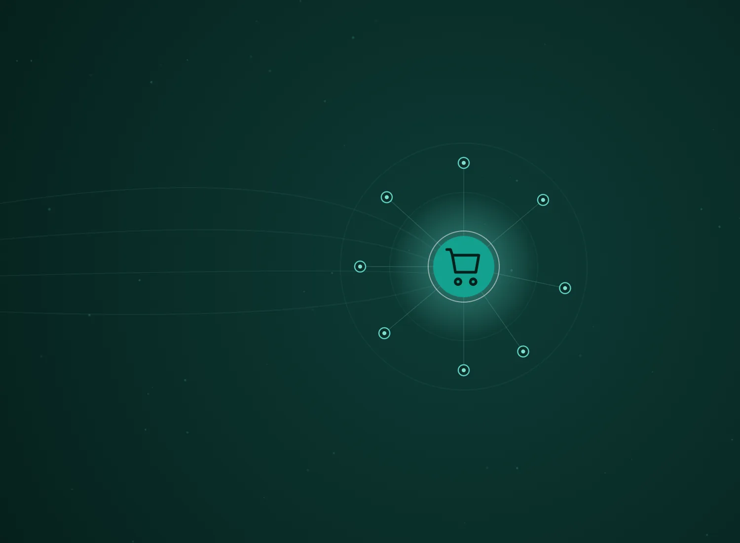 Abstract teal hub-and-spoke network with the WooCommerce Development icon at its center, by 313 Automations