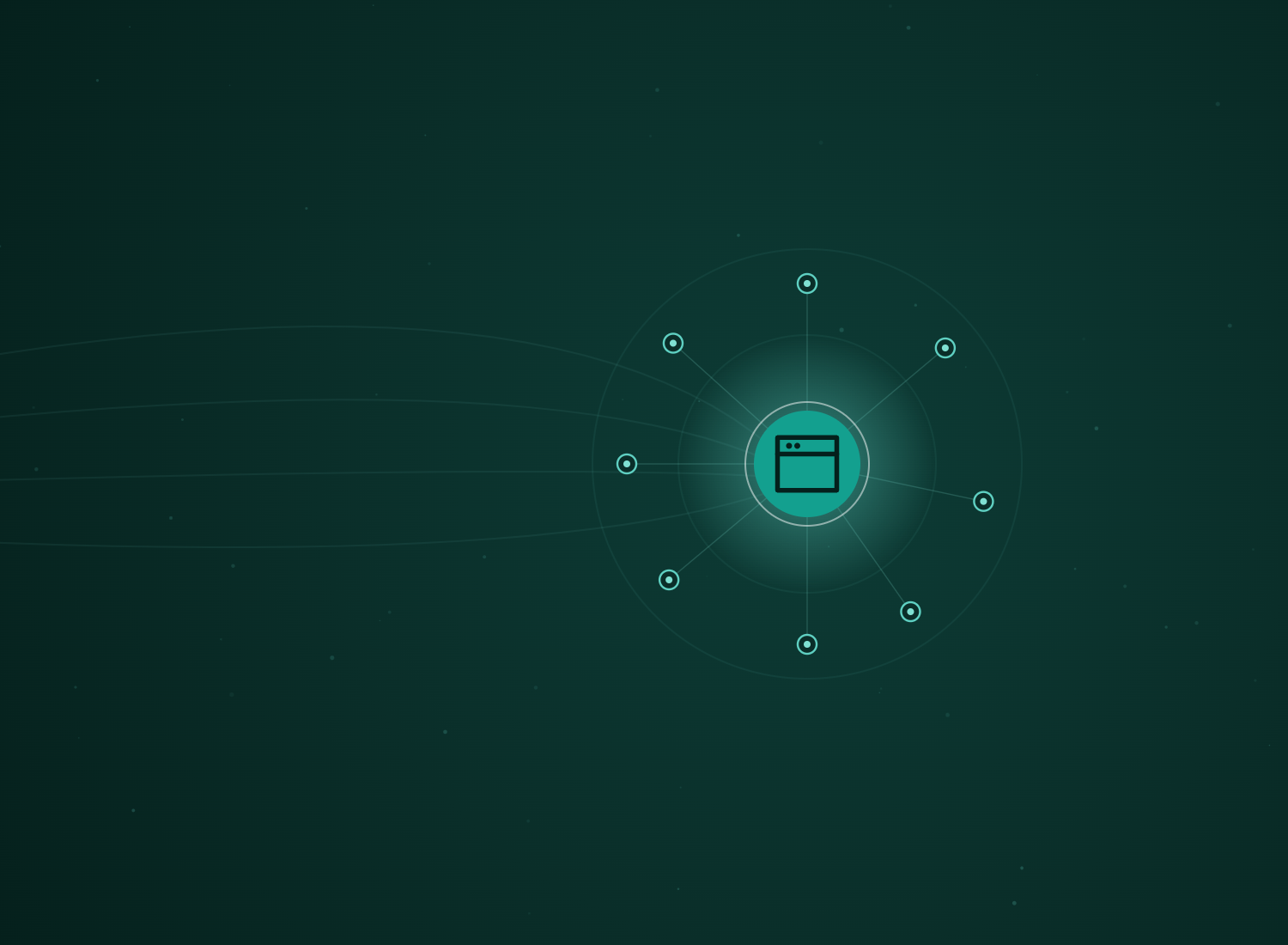 Abstract teal hub-and-spoke network with the WordPress Development icon at its centre, by Rhino Automations