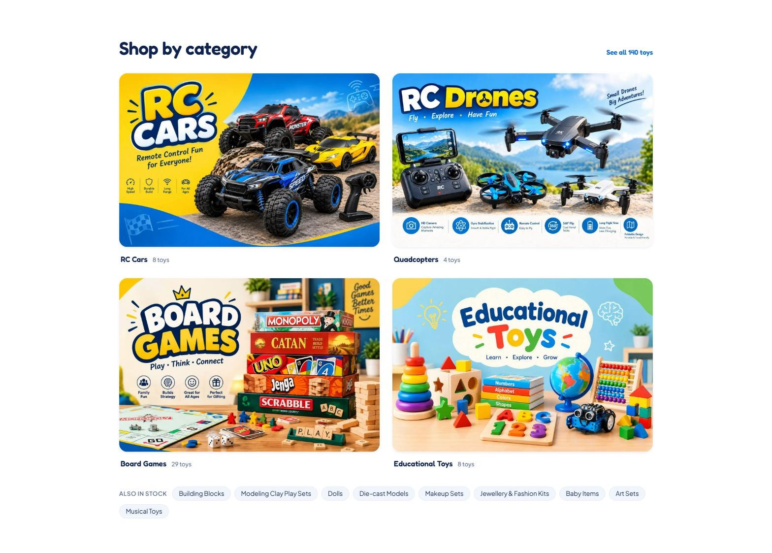 The complete Shop by category section of Unique Toy Shop: illustrated tiles for RC Cars with 8 toys, Quadcopters with 4, Board Games with 29 and Educational Toys with 8, above an Also in stock row listing Building Blocks, Modeling Clay Play Sets, Dolls, Die-cast Models, Makeup Sets, Jewellery and Fashion Kits, Baby Items, Art Sets and Musical Toys